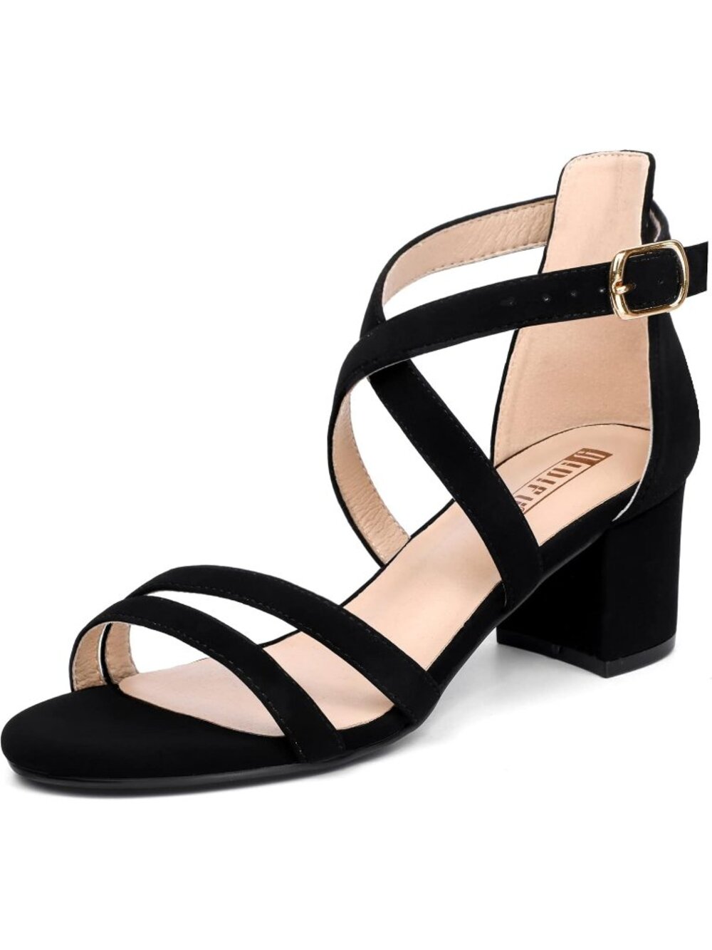 Women's Black Nubuck Comfortable Open Toe Ankle Strap Low Chunky Heeled Sandals